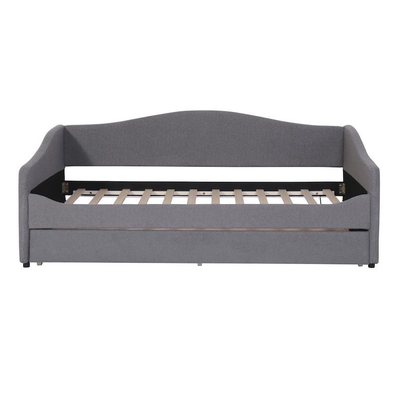 HomeRoots Gray Tufted Boucle Twin Day Bed With LED Lighting And Trundle And USB