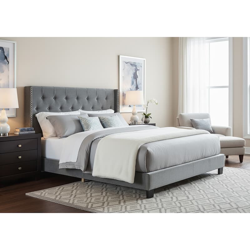 Asali Silver Grey Velvet Bed with Tufting and Nail Headed Wings