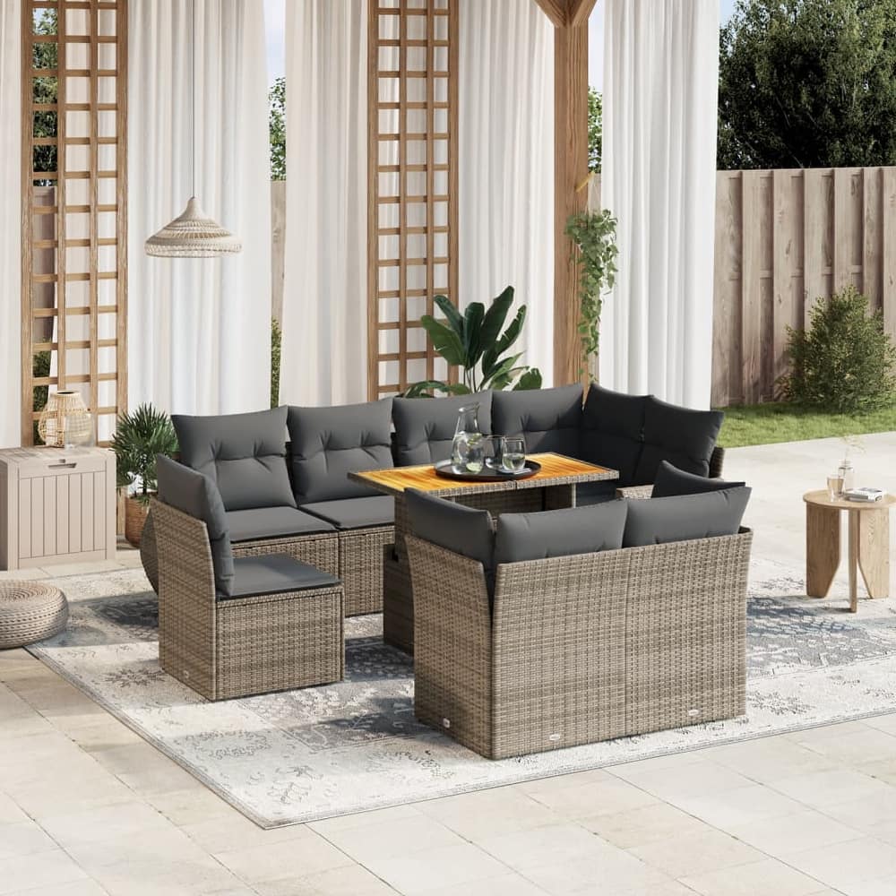 vidaXL Patio Sofa Set with Cushions Lounge Table and Sofas 9 Piece Poly Rattan - 21.7 x 39.4 x 28.7