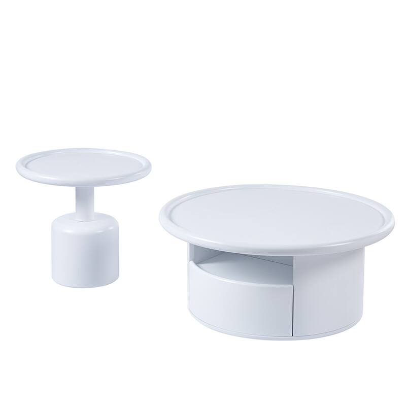 2 Pieces White MDF Round Coffee Table Set for Living Room