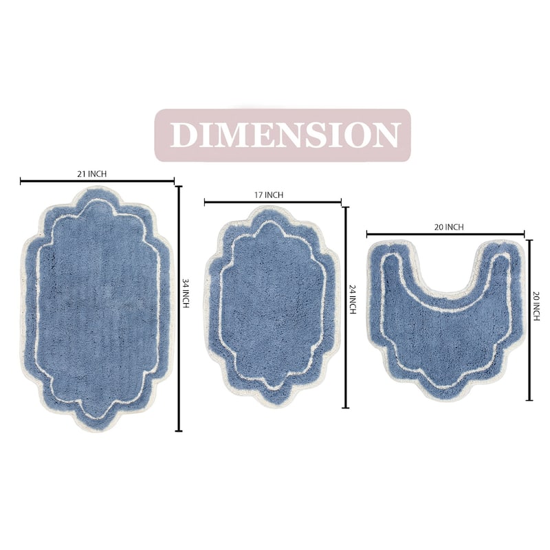 Allure Collection 100% Cotton Non-Slip Bathroom Rug Set, 3 Piece Machine Washable- Bathroom Rug, Bath Rug, U Shaped Contour