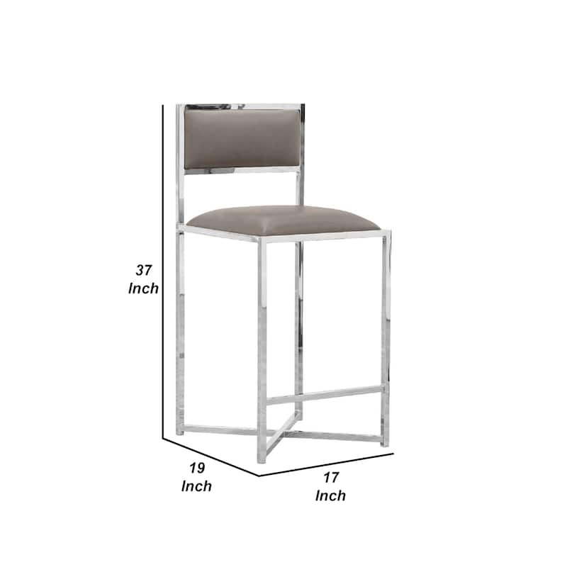Eun 26 Inch Vegan Faux Leather Counter Stool, Chrome Base, Set of 2, Gray