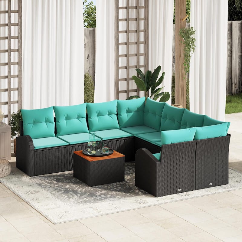 vidaXL 9 Garden Sofa Set with Cushions Black/Grey Poly Rattan - 92.1 x 92.1 x 27.2 - Black