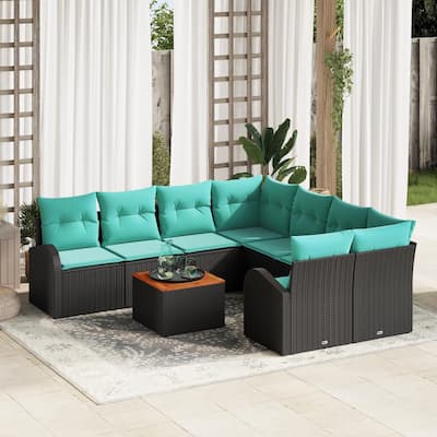 vidaXL 9 Garden Sofa Set with Cushions Black Poly Rattan - 92.1 x 92.1 x 27.2
