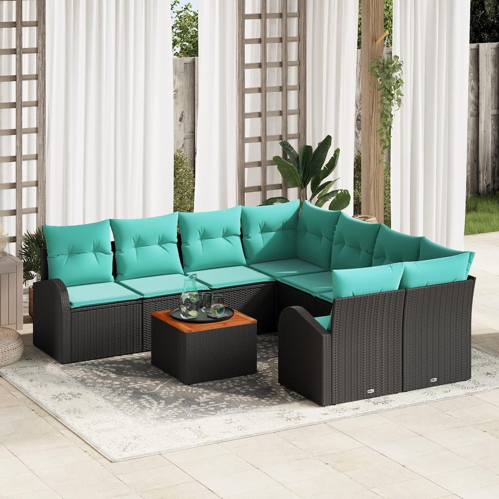 vidaXL 9 Garden Sofa Set with Cushions Black Poly Rattan - 92.1 x 92.1 x 27.2