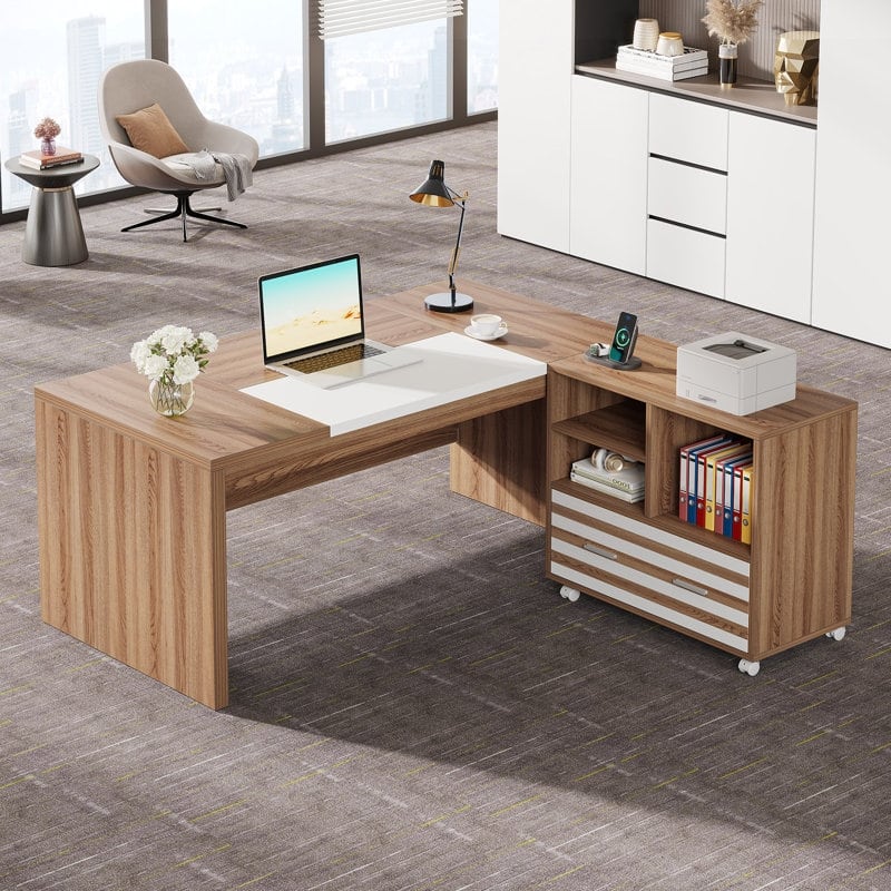 Large Executive Desk with Mobile File Cabinet, 62.2" L-Shaped Office Desk Business Workstation Set