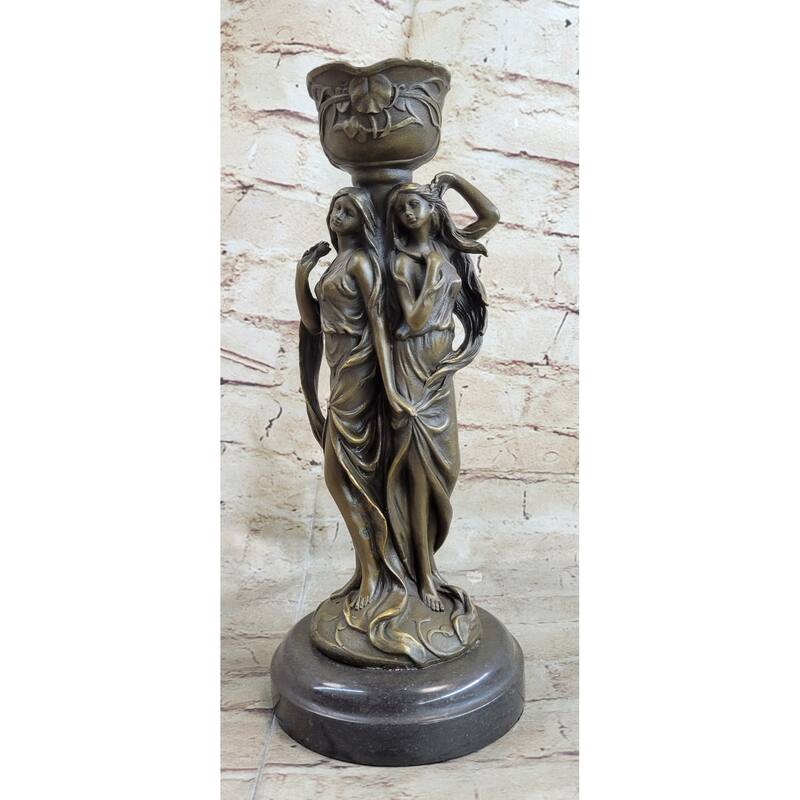 Gorgeous Art Deco Style Twin Sister Candle Holder Bronze Sculpture By Kin