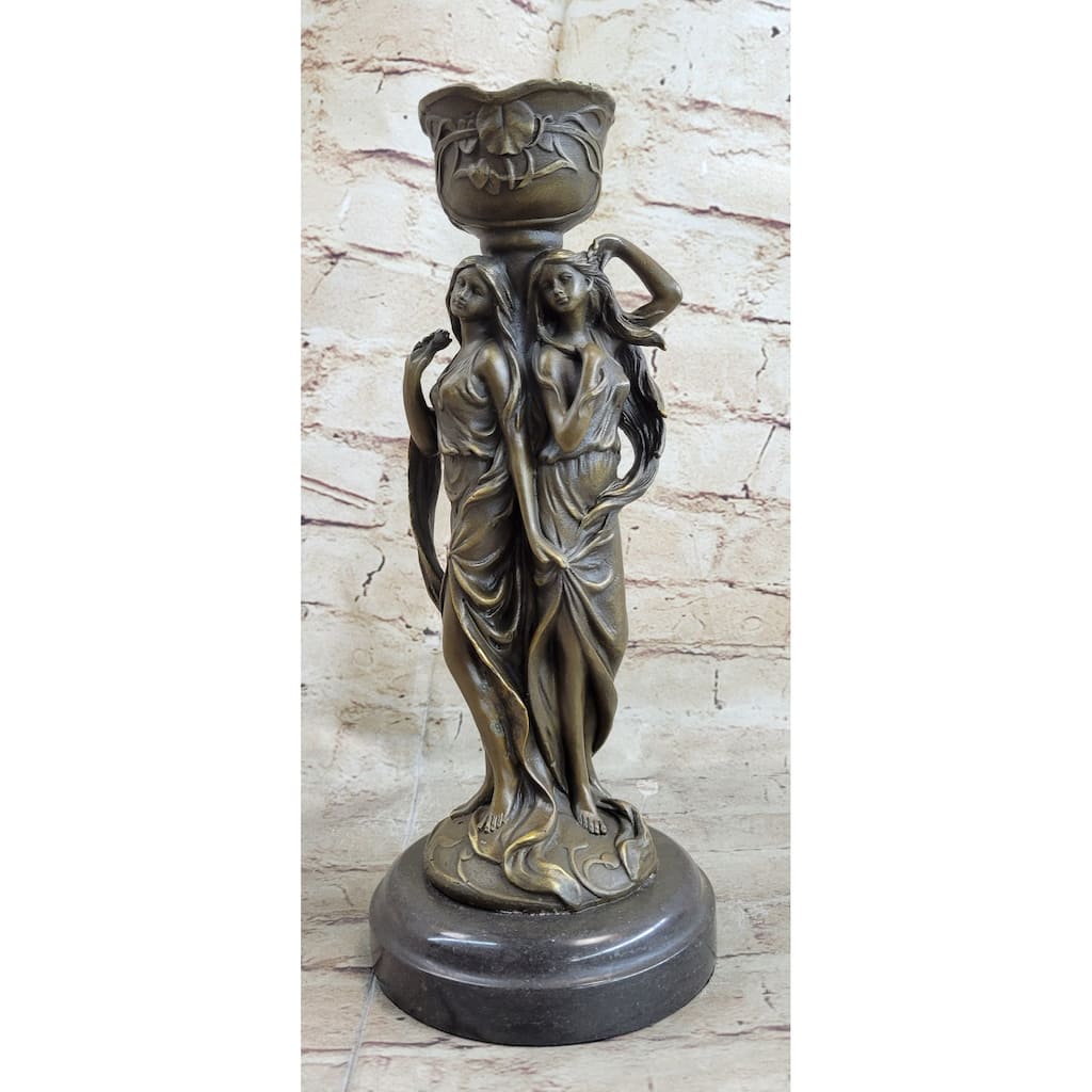 Gorgeous Art Deco Style Twin Sister Candle Holder Bronze Sculpture By Kin