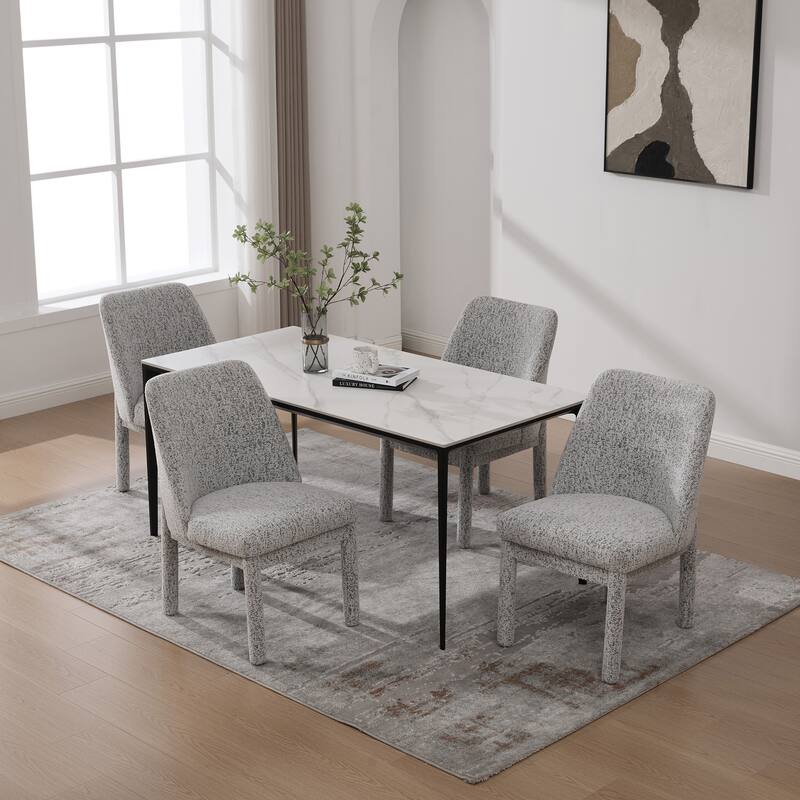 Upholstered Dining Chairs Set, Modern Dining Room Chairs Chenille Side Chairs with Curved Backrest, Armless Living Room Chair - White Black Set of 4