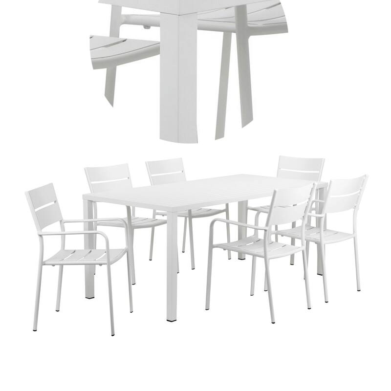 Meta 7 Piece Outdoor Dining Table, Chairs Set, White, Plank Seat and Backs