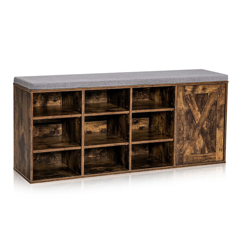 3 Tier Shoe Storage Bench Shoe Organizer with Cushions 9 Compartments - Brown