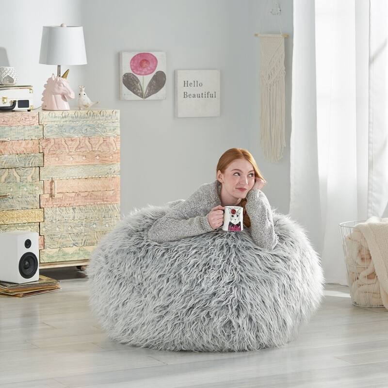 Gray Modern 34" Bean Bag Chair with Foam Filling and Round Design for Living Room