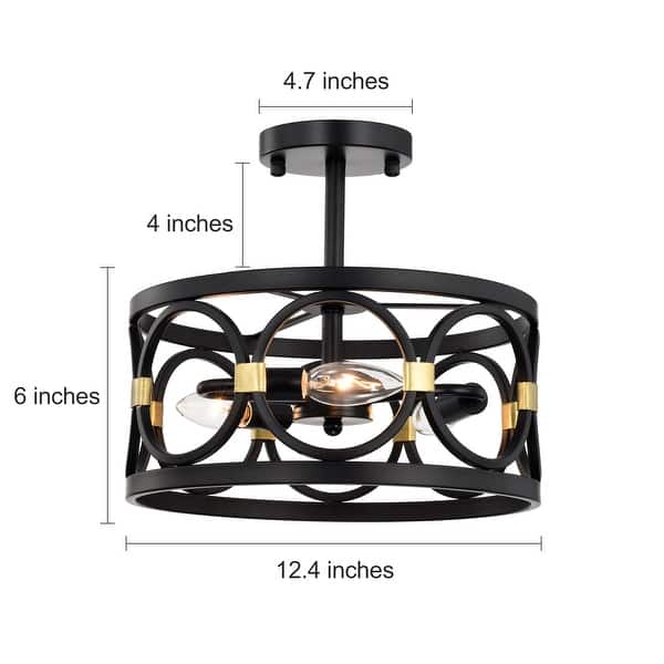 Black and Gold Flush Mount Chandelier 3Light Ring Ceiling Light On