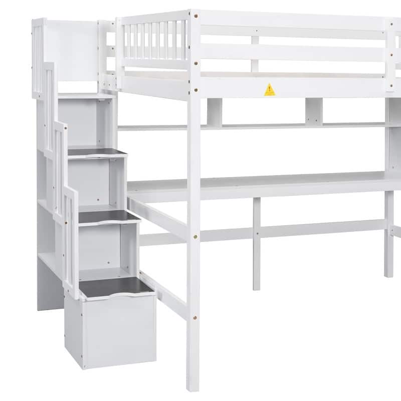 Wood Loft Bed with Built-in Desk,Bookshelves and Storage Staircase,Full Size