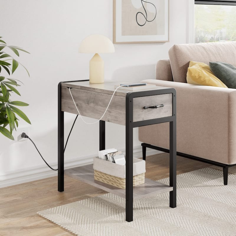 End Table with Charging Station, Narrow Side Table with Drawer and Storage End Table