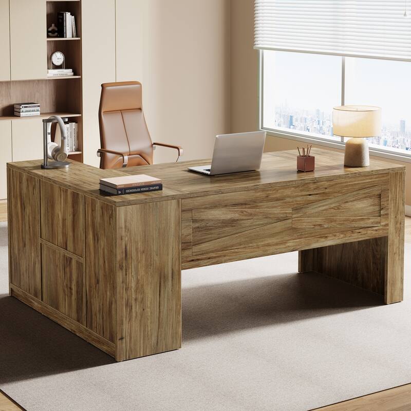 70.8" L-Shaped Executive Desk with File Cabinet and Storage Shelves, Large Office Computer Desk for Home Office