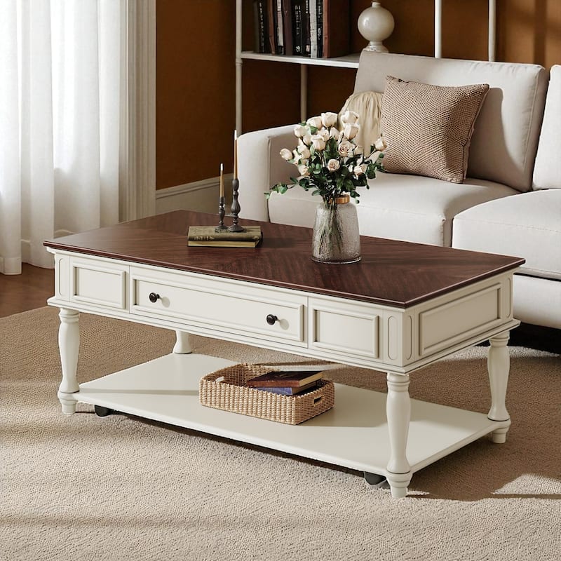 Farmhouse Coffee Table with Drawer and Shelf, 47.2" Rectangular Cocktail Table with Wheels, Rustic Wood Accent