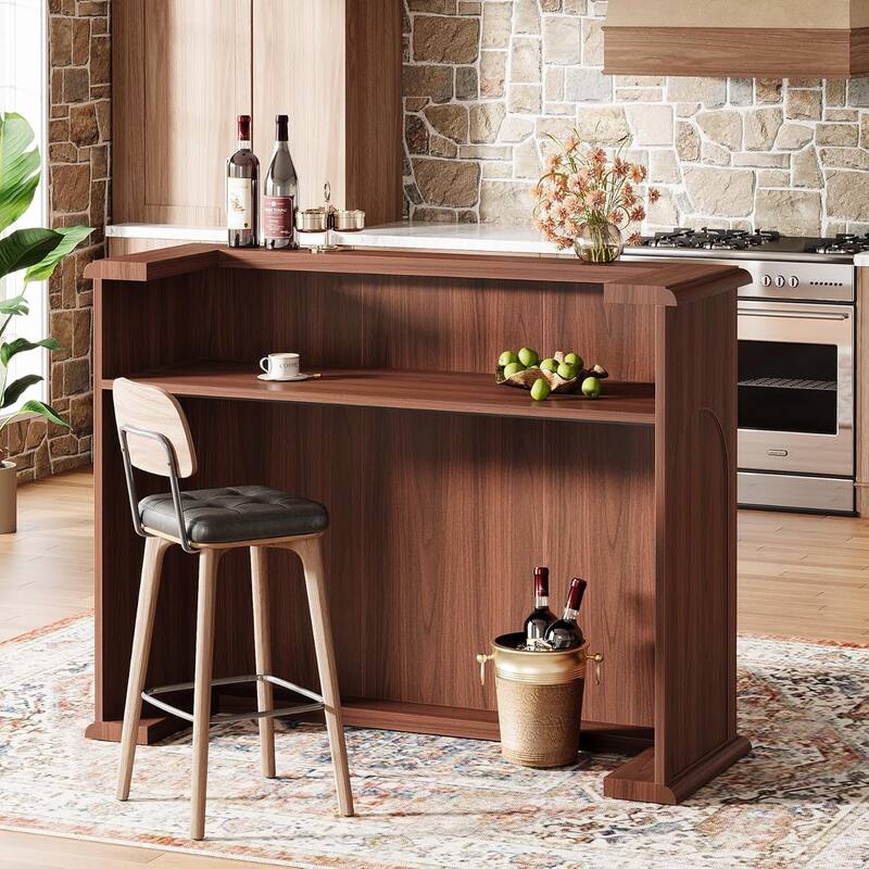2-Tier Mid-Century Home Bar Unit Bar Cabinet Height Pub Table - Walnut - 55" L × 19.69" W × 41.73" H