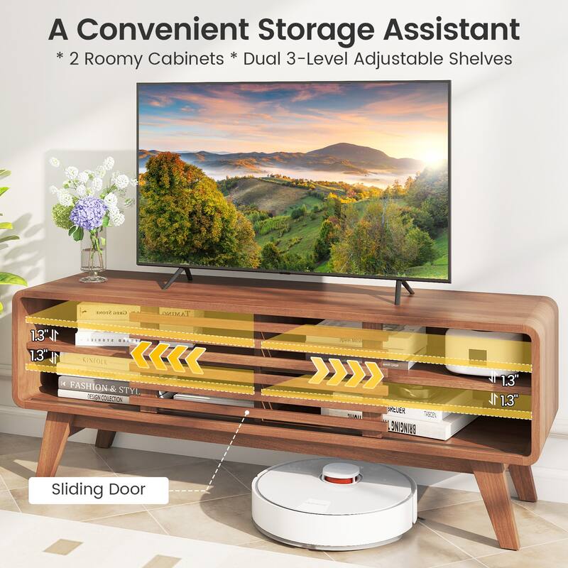 Gymax TV Stand w/Sliding Door Adjustable Shelves & Rubber Wood Legs