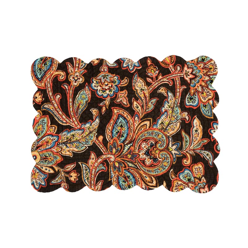 Dorothy Autumnal Brown Quilted Scalloped Paisley Floral Placemats Set of 6, 13" x 19"