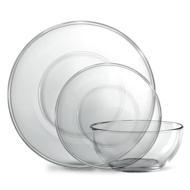 Set for 12 Contemporary Clear Glass Dinnerware With Salad Plates, Dinner Plates and Bowls - 10.5” x 10.5” x 8”