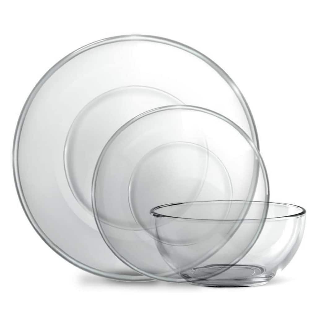 Set for 12 Contemporary Clear Glass Dinnerware With Salad Plates, Dinner Plates and Bowls - 10.5” x 10.5” x 8”
