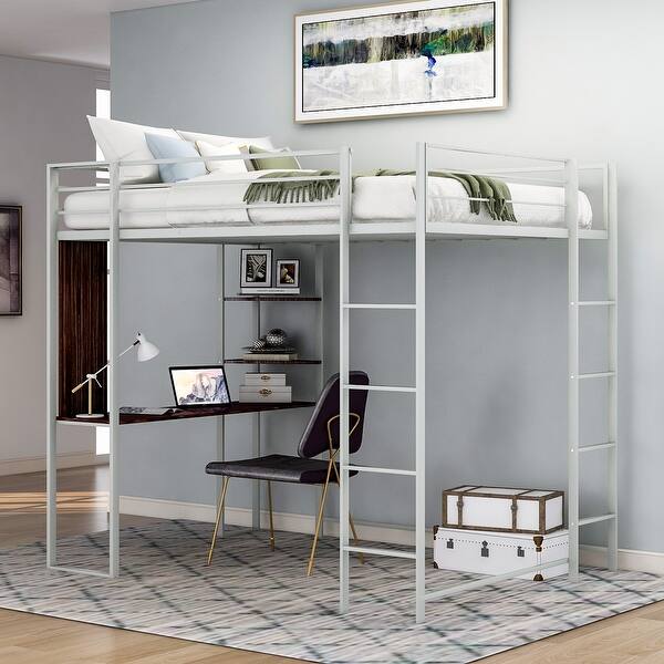 slide 2 of 8, Twin Metal Loft Bed with 2 Shelves and one Desk,with Two build-in Ladders and 12 Sturdy Metal Bed Slats, Sliver Silver