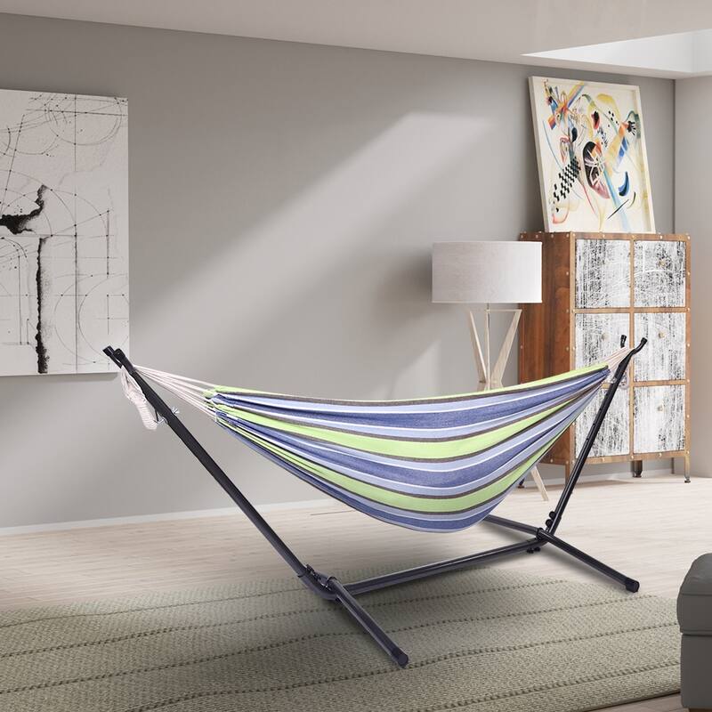 Portable Outdoor Green and Blue Striped Polyester Hammock Set