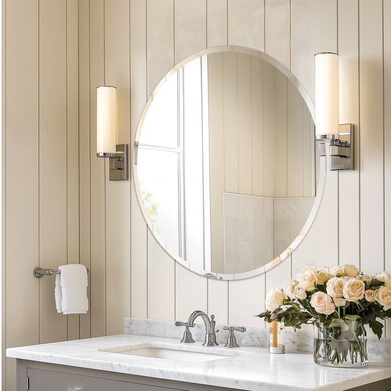 Frameless Bathroom Mirror Wall Mounted Modern Stylish Design with Contemporary Bevelled Edges - 32" Dia. Round