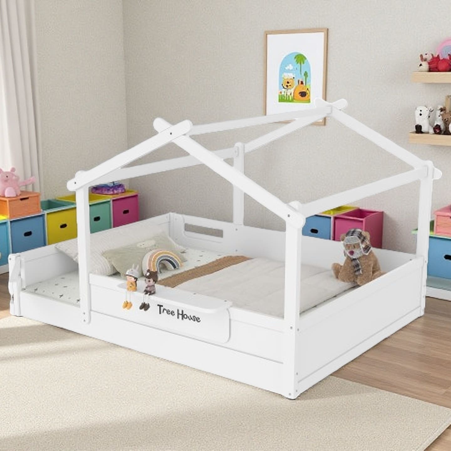 Twin House Floor Bed with Roof and Guardrails, Montessori Low-Profile Design, Built-in Tray and Customizable Signboard