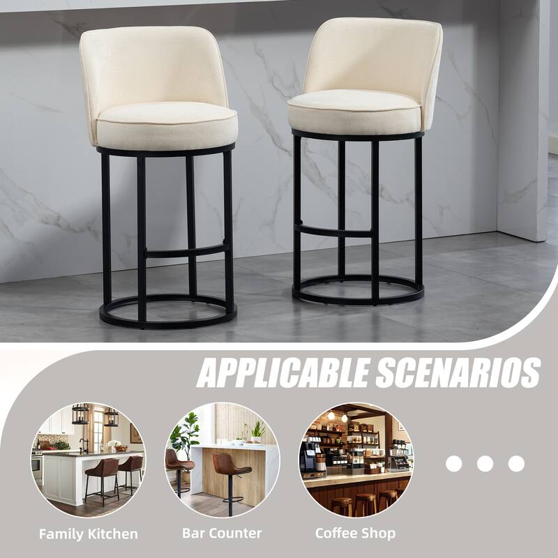 Counter Height Bar Stools Set of 2, Modern Barrel Counter Stools with Backrest, Linen Fabric Upholstered Accent Bar Stools