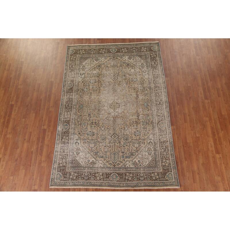 Hand Knotted Oriental 100% Wool Carpet Traditional Medallion Beige & Ivories Tabriz Area Rug - 9' 6'' X 6' 5''