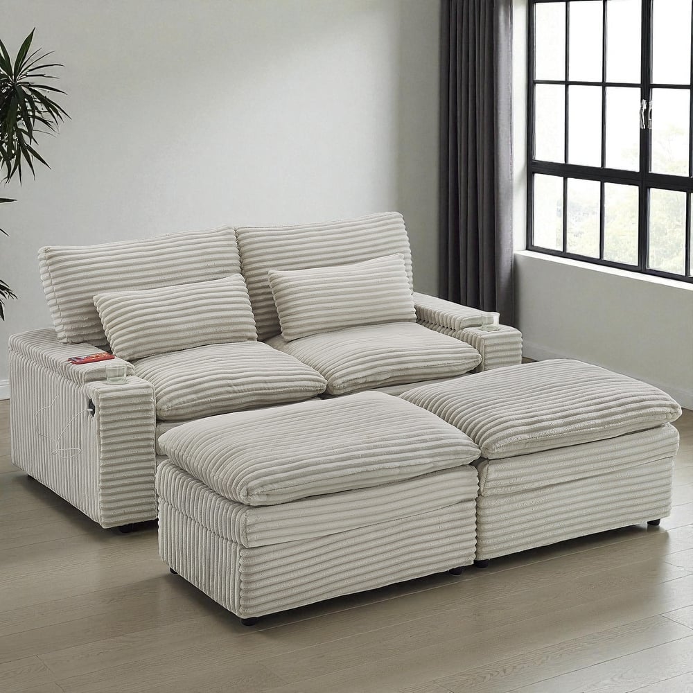 70.9" Convertible Loveseat Sofa Bed with Storage, 2 Ottomans, 4 USB Ports and Cup Holders, Corduroy Sectional for Living Room