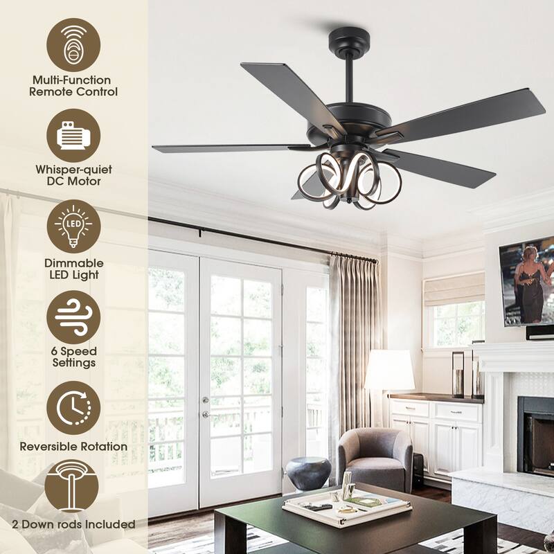 52" Modern Unique Dimmable LED Reversible Motor Ceiling Fan with Light and Remote - 52-inch W*19.3-inch H