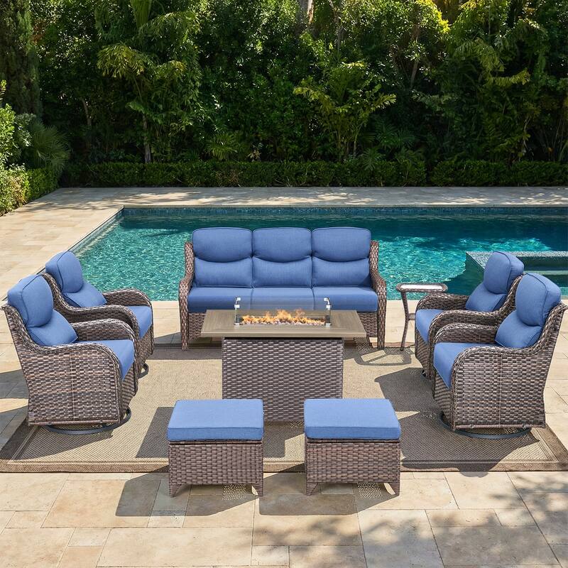 Pocassy Outdoor Fire Pit Sofa Swivel Chairs Conversation Set - Brown Wicker Blue Cushion - 9-Piece Sofa Swivel Chair Ottoman w/ Fie Table