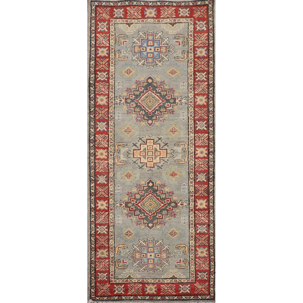 Geometric Kazak Oriental Runner Rug Hand-Knotted Grey Wool Carpet - 2'3" x 5'11"