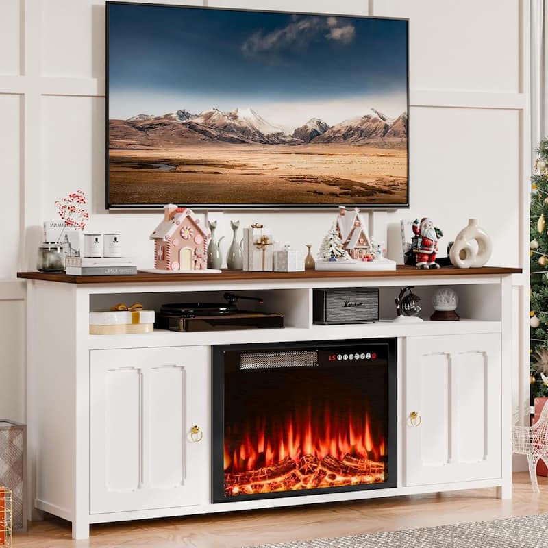 BOSSIN 58" Fireplace TV Stand for TV up to 65",Farmhouse Entertainment Center with Fireplace,Storage Cabinets,Adjustable Shelves