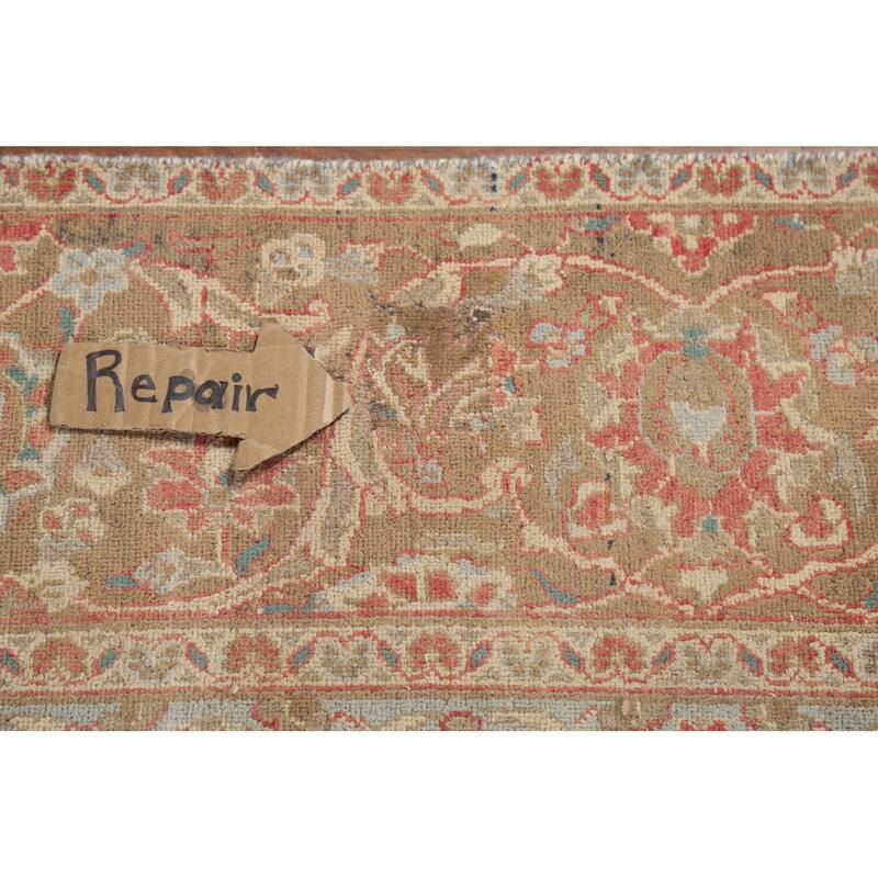 Distressed Mashad Persian Vintage Rug Hand-Knotted Floral Wool Carpet - 8'10"x 13'10"
