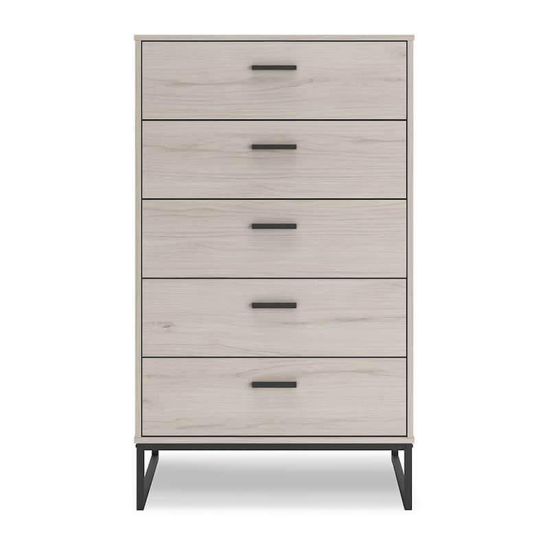 Zed 51 Inch 5 Drawer Chest, Natural Beige Wood Frame, Black Metal Base