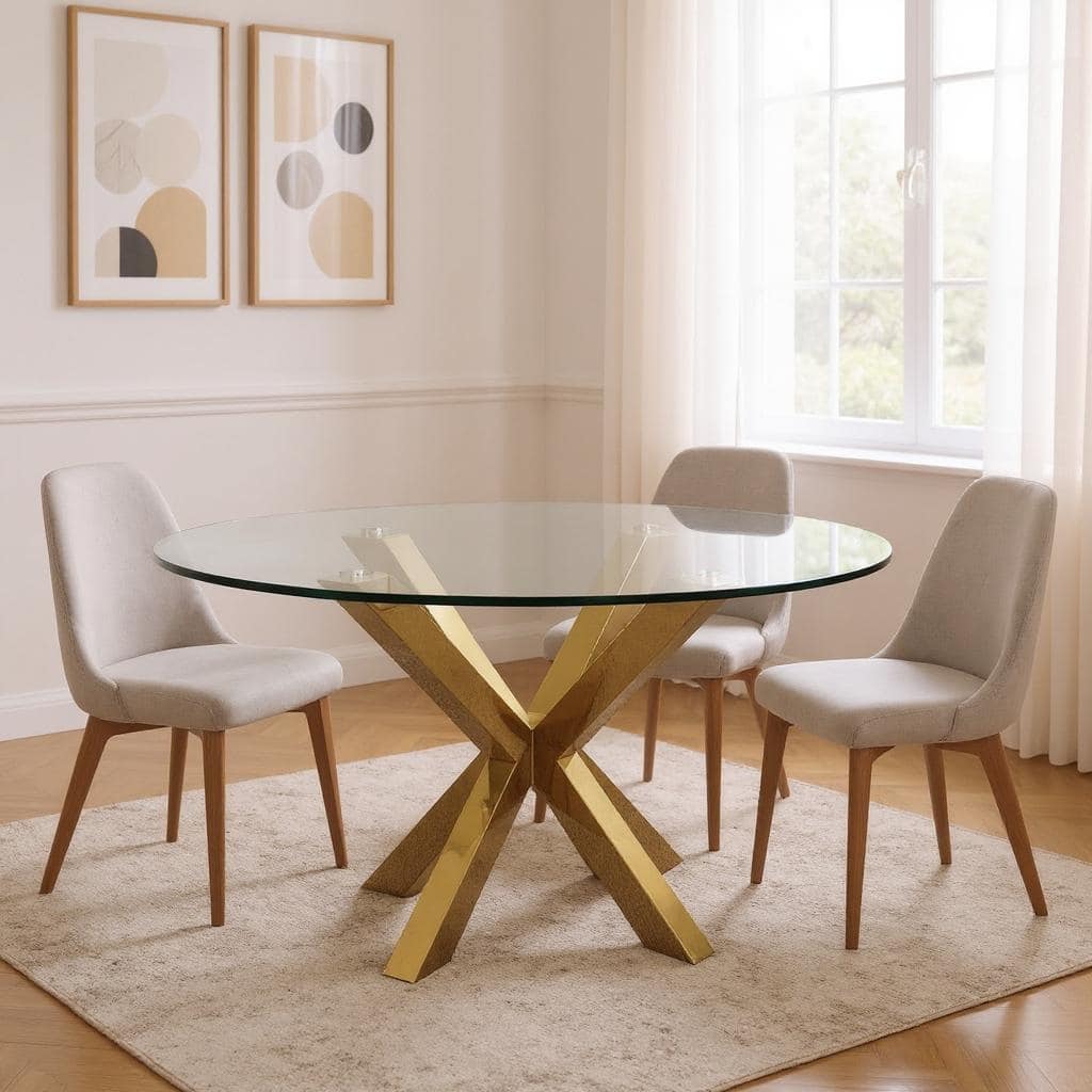 HomeRoots 54" Clear and Gold Glass and Metal Cross Leg Base Round Top Dining Table - 54.00 in. x 30.00 in. x 54.00 in.