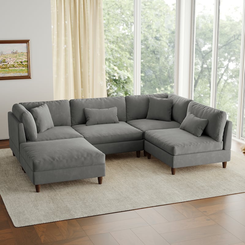 5-Piece Modern Comfy Corduroy Modular Sectional Sofa with Ottoman
