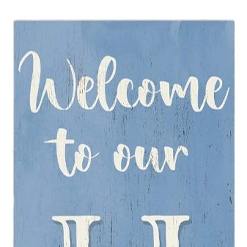 HomeRoots 36" Blue White And Red Solid Wood Welcome To Our Home Americana Porch Sign