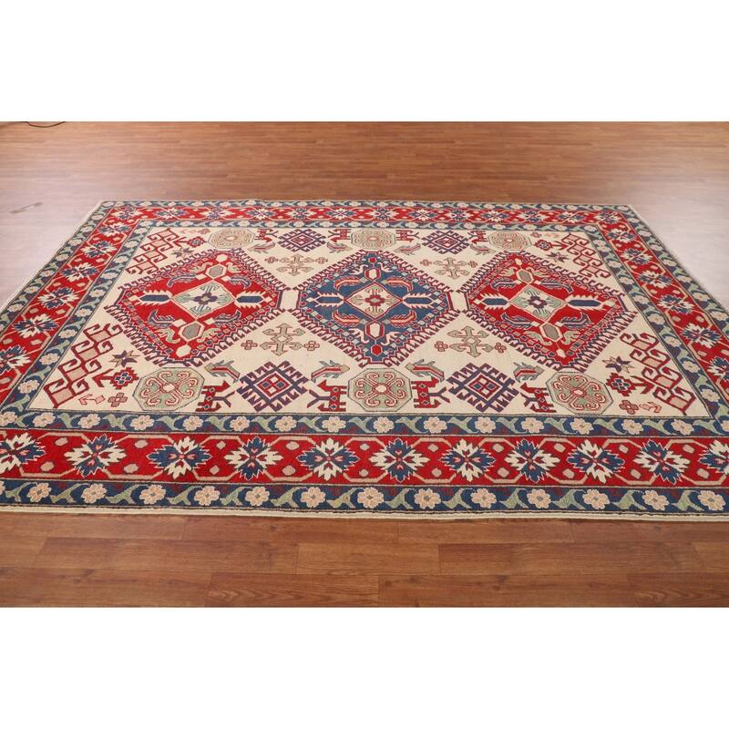 Beige / Ivory Traditional Kazak Oriental Rug Hand-Knotted Wool Carpet - 6'7" x 9'8"