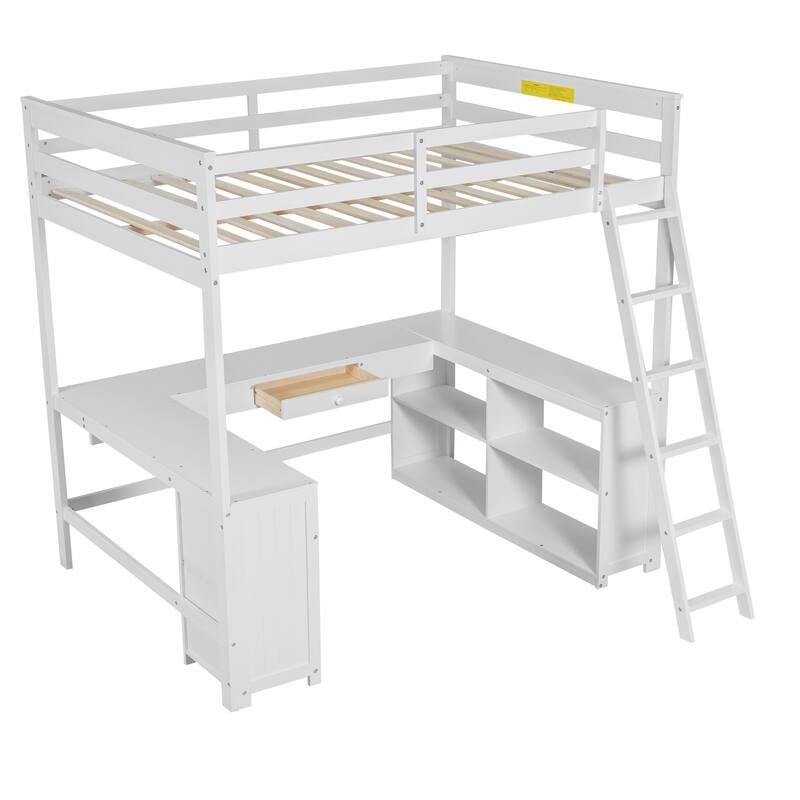 Full Size Loft Bed with U-shaped Desk, Drawers, and Storage Shelves in White