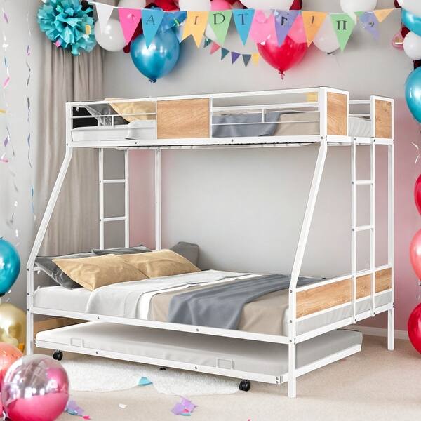 slide 2 of 12, Modern Twin over Full Bunk Bed with Wooden Decoration and Safety Guardrail and Convenient Trundle