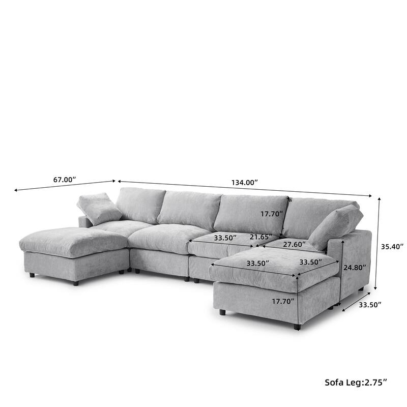Minimalist U-shaped Upholstered Sofa 4-Seater Chenille Modular Sectional Couch with 2 Ottoman