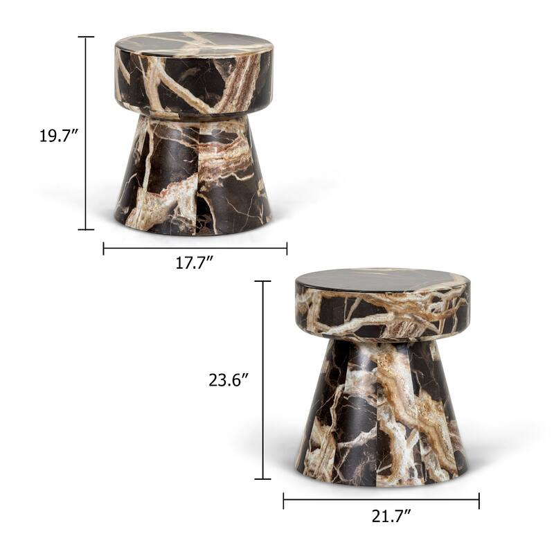 Cid Ria End Table Set of 2, Brown-White Faux Marble, Pedestal Base
