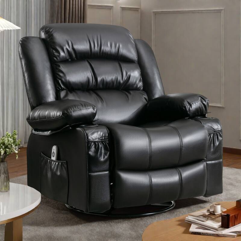360° Swivel Massage Recliner Chair with Heat, PU Leather, 8-Point Massage, USB Charging and Storage Pockets - Black