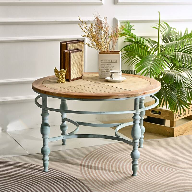 Rustic Wooden Carved Coffee Table with Metal Legs, Side Table Tea Table Center Table Sofa Table End Table