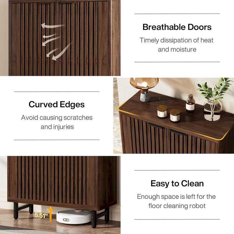 6-Tier Bathroom Floor Cabinet 2 Shutter Doors Adjustable Shelves Wooden Storage Sideboard for Kitchen/Living Room